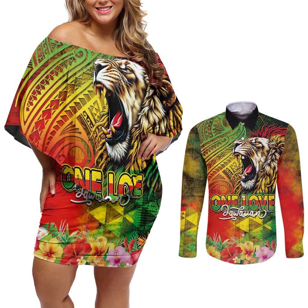 Hawaiian Reggae Couples Matching Off Shoulder Short Dress and Long Sleeve Button Shirt Jawaiian One Love-Tribal Tatoos and Rastafari Lion LT03 Multicolor - Polynesian Pride