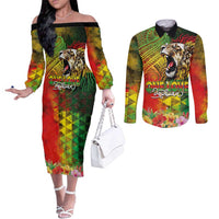 Hawaiian Reggae Couples Matching Off The Shoulder Long Sleeve Dress and Long Sleeve Button Shirt Jawaiian One Love-Tribal Tatoos and Rastafari Lion LT03 Multicolor - Polynesian Pride