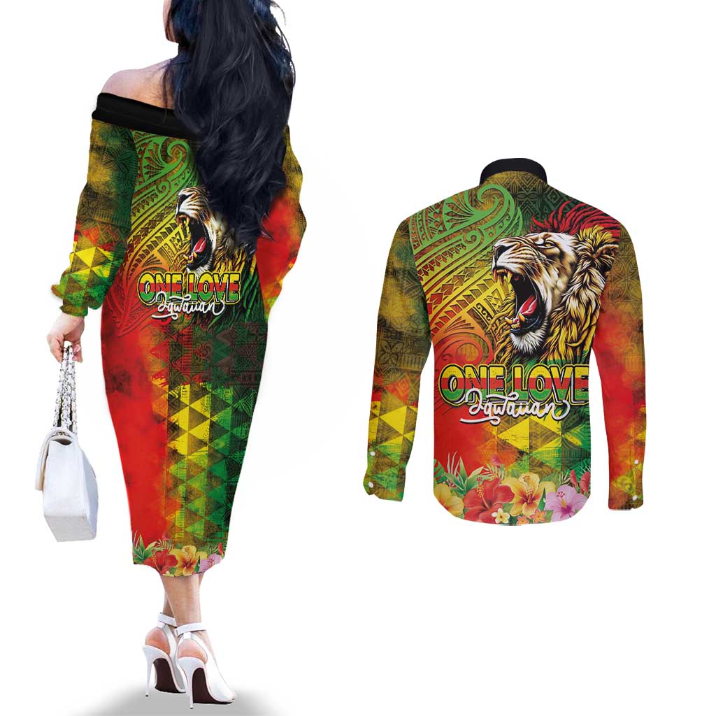 Hawaiian Reggae Couples Matching Off The Shoulder Long Sleeve Dress and Long Sleeve Button Shirt Jawaiian One Love-Tribal Tatoos and Rastafari Lion LT03 - Polynesian Pride