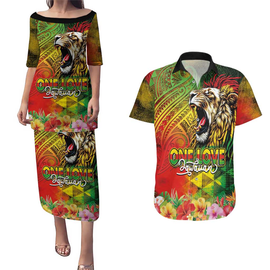 Hawaiian Reggae Couples Matching Puletasi and Hawaiian Shirt Jawaiian One Love-Tribal Tatoos and Rastafari Lion LT03 Multicolor - Polynesian Pride