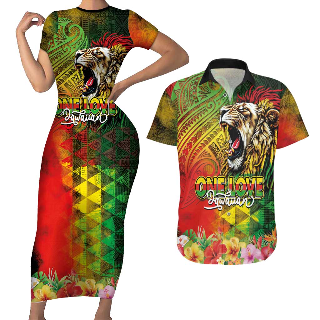 Hawaiian Reggae Couples Matching Short Sleeve Bodycon Dress and Hawaiian Shirt Jawaiian One Love-Tribal Tatoos and Rastafari Lion LT03 Multicolor - Polynesian Pride