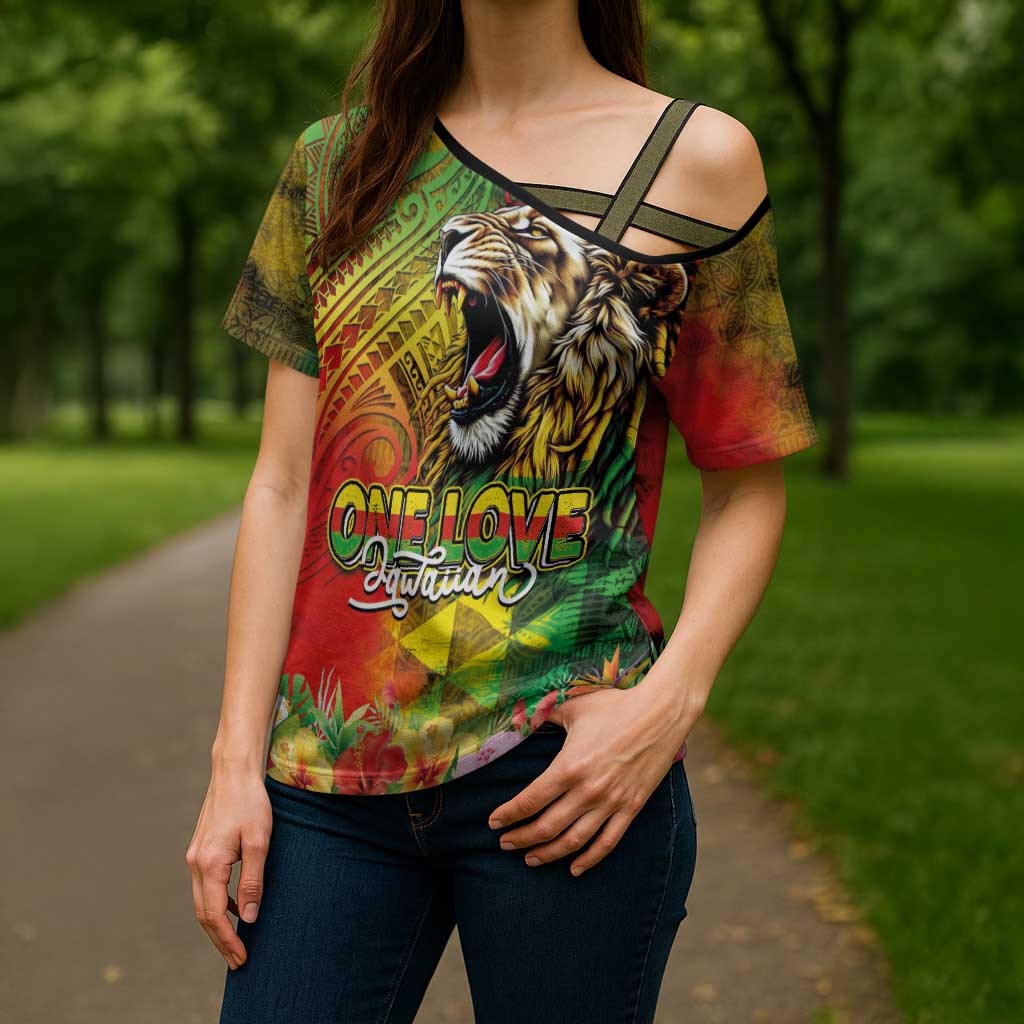 Hawaiian Reggae Cross Shoulder Shirt Jawaiian One Love-Tribal Tatoos and Rastafari Lion LT03 - Polynesian Pride