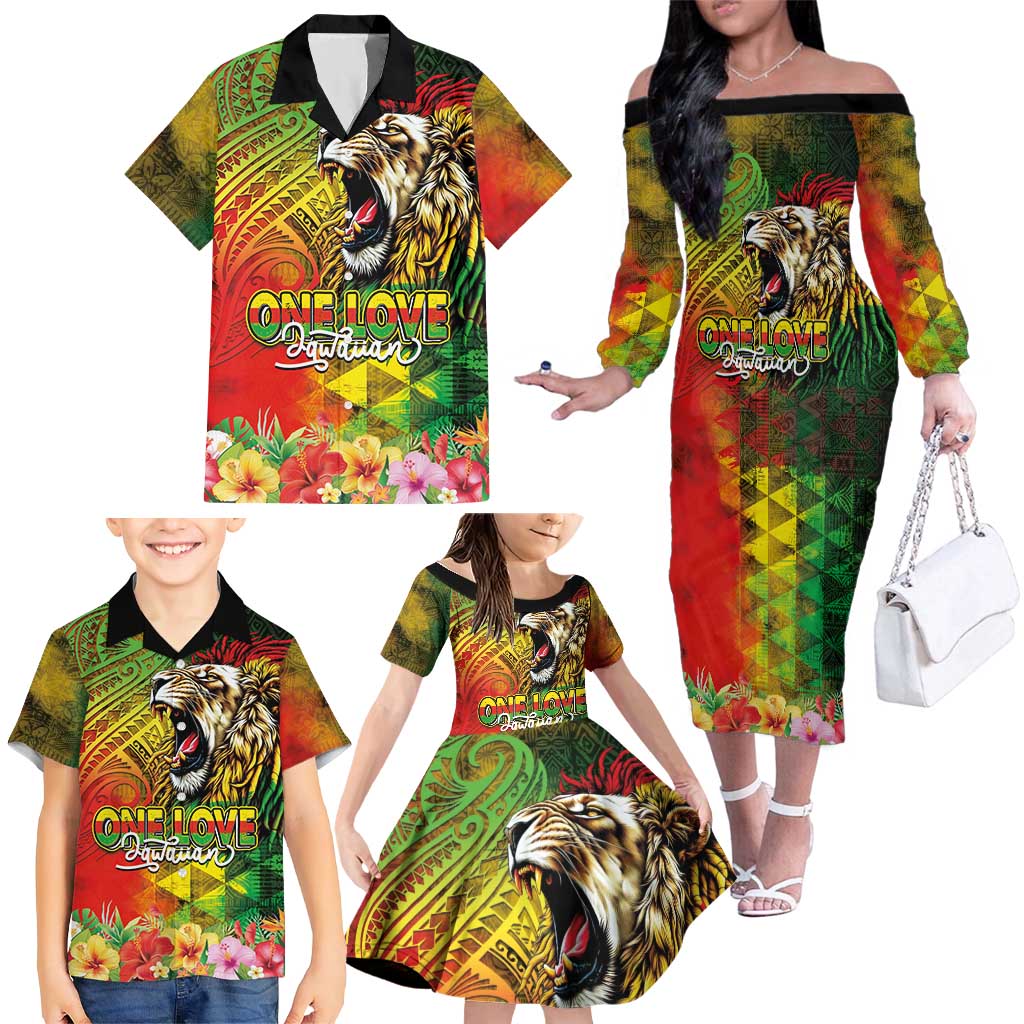 Hawaiian Reggae Family Matching Off The Shoulder Long Sleeve Dress and Hawaiian Shirt Jawaiian One Love-Tribal Tatoos and Rastafari Lion - Polynesian Pride