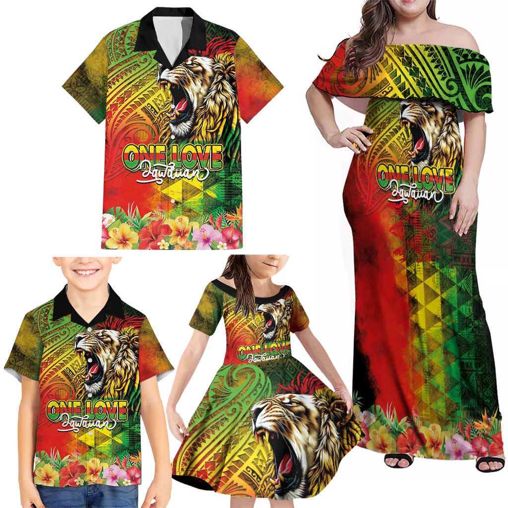 Hawaiian Reggae Family Matching Off Shoulder Maxi Dress and Hawaiian Shirt Jawaiian One Love-Tribal Tatoos and Rastafari Lion LT03 - Polynesian Pride