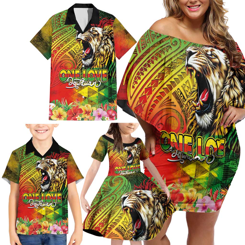 Hawaiian Reggae Family Matching Off Shoulder Short Dress and Hawaiian Shirt Jawaiian One Love-Tribal Tatoos and Rastafari Lion - Polynesian Pride