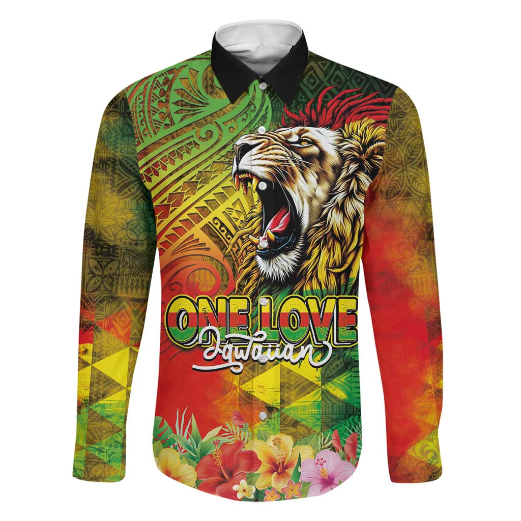 Hawaiian Reggae Family Matching Off Shoulder Short Dress and Hawaiian Shirt Jawaiian One Love-Tribal Tatoos and Rastafari Lion LT03 Dad's Shirt - Long Sleeve Multicolor - Polynesian Pride
