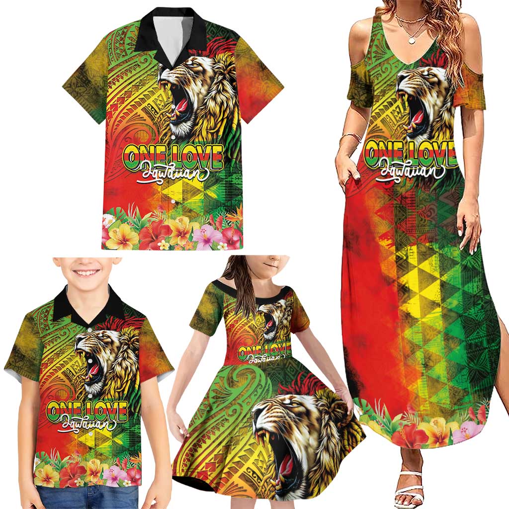 Hawaiian Reggae Family Matching Summer Maxi Dress and Hawaiian Shirt Jawaiian One Love-Tribal Tatoos and Rastafari Lion LT03 - Polynesian Pride