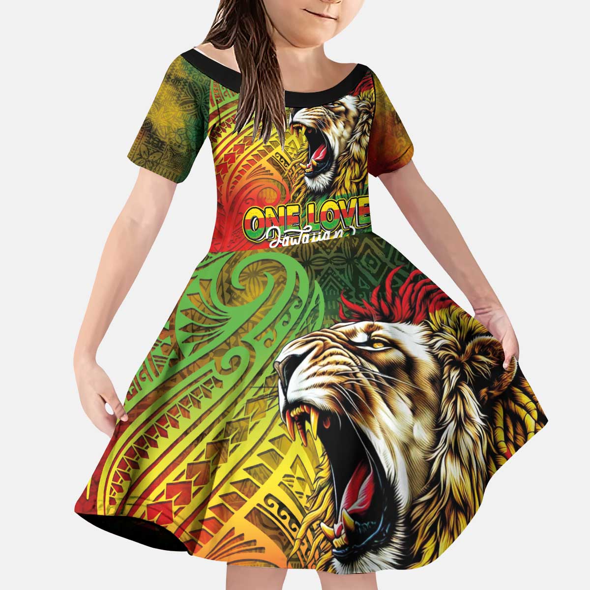 Hawaiian Reggae Kid Short Sleeve Dress Jawaiian One Love-Tribal Tatoos and Rastafari Lion - Polynesian Pride