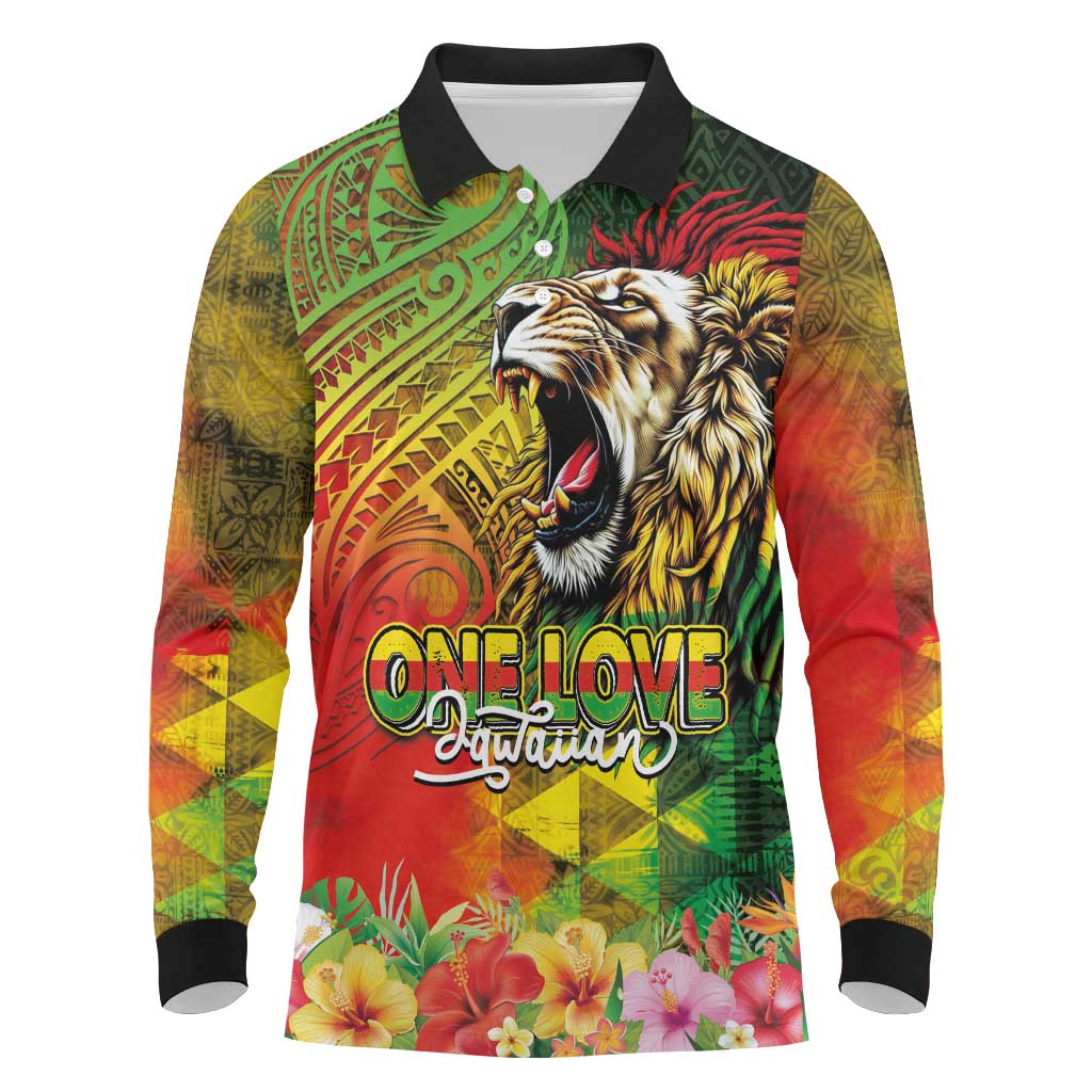 Hawaiian Reggae Long Sleeve Polo Shirt Jawaiian One Love-Tribal Tatoos and Rastafari Lion LT03 Multicolor - Polynesian Pride
