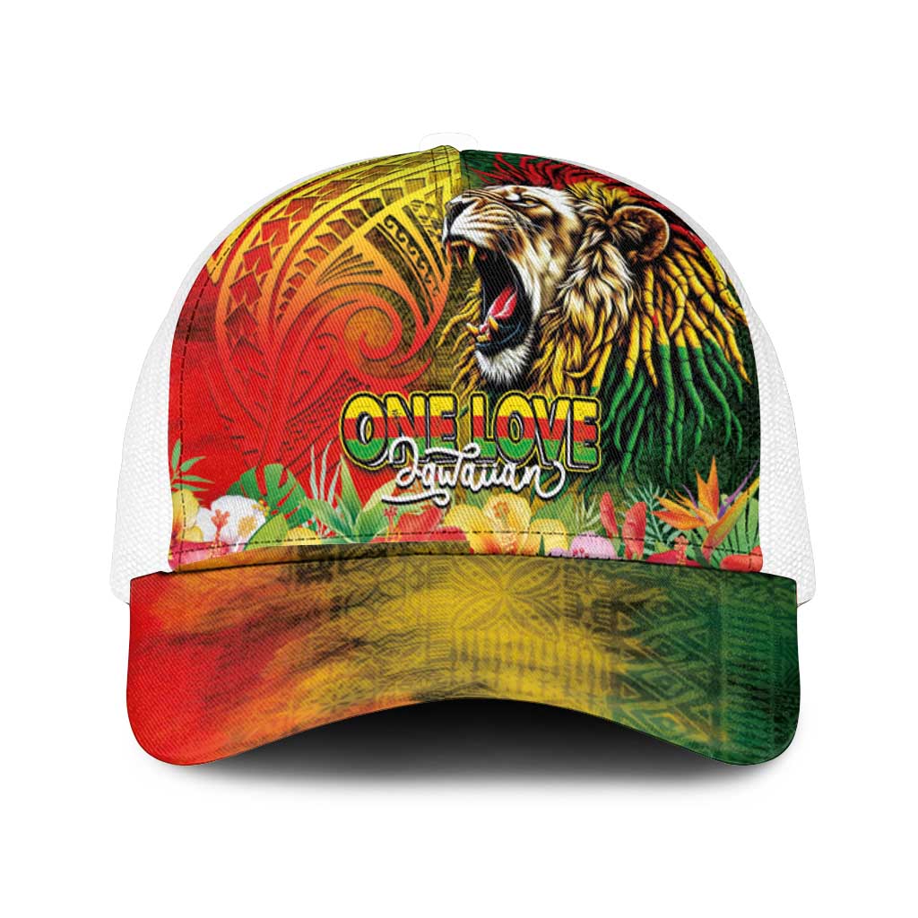 Hawaiian Reggae Mesh Trucker Cap Jawaiian One Love-Tribal Tatoos and Rastafari Lion - Polynesian Pride