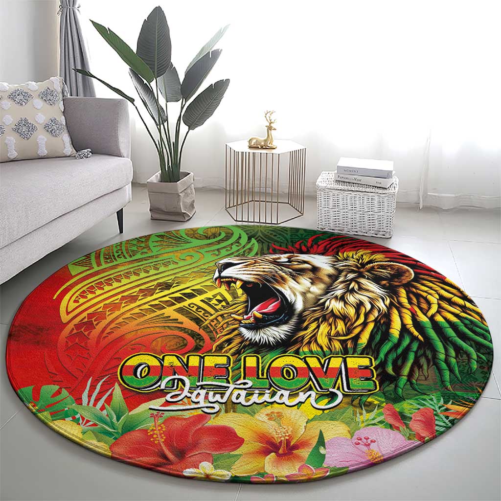 Hawaiian Reggae Round Carpet Jawaiian One Love-Tribal Tatoos and Rastafari Lion - Polynesian Pride