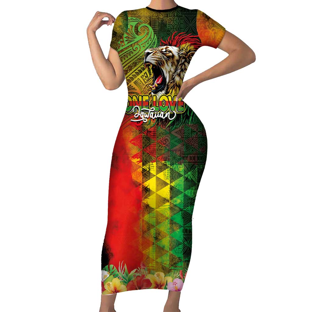 Hawaiian Reggae Short Sleeve Bodycon Dress Jawaiian One Love-Tribal Tatoos and Rastafari Lion LT03 Long Dress Multicolor - Polynesian Pride