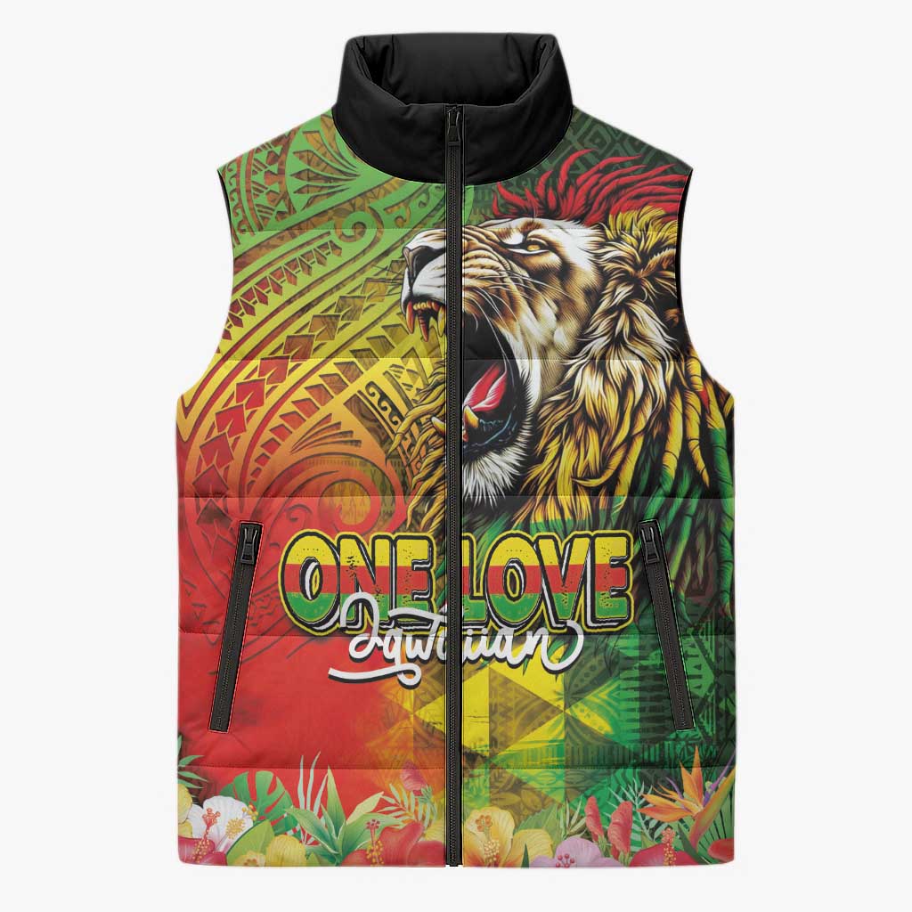 Hawaiian Reggae Sleeveless Puffer Jacket Jawaiian One Love-Tribal Tatoos and Rastafari Lion - Polynesian Pride