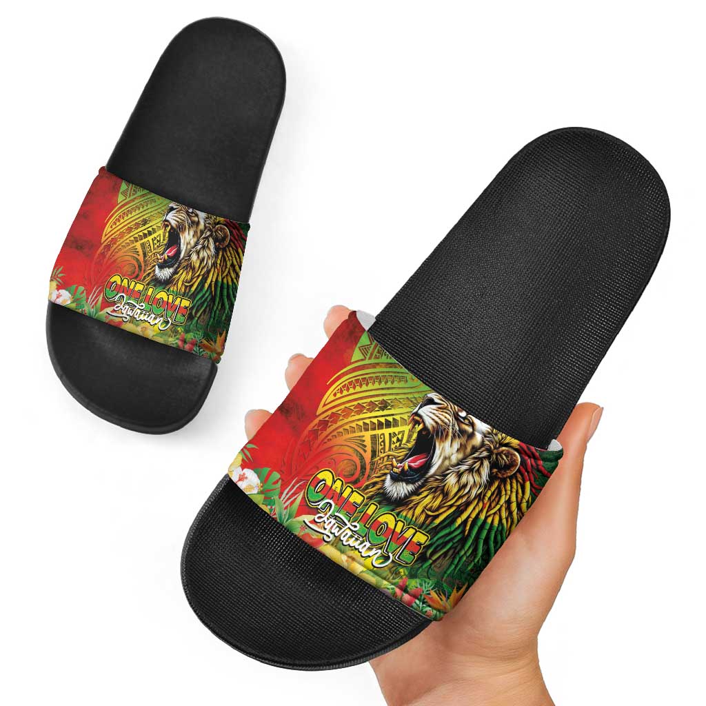 Hawaiian Reggae Slide Sandals Jawaiian One Love-Tribal Tatoos and Rastafari Lion - Polynesian Pride