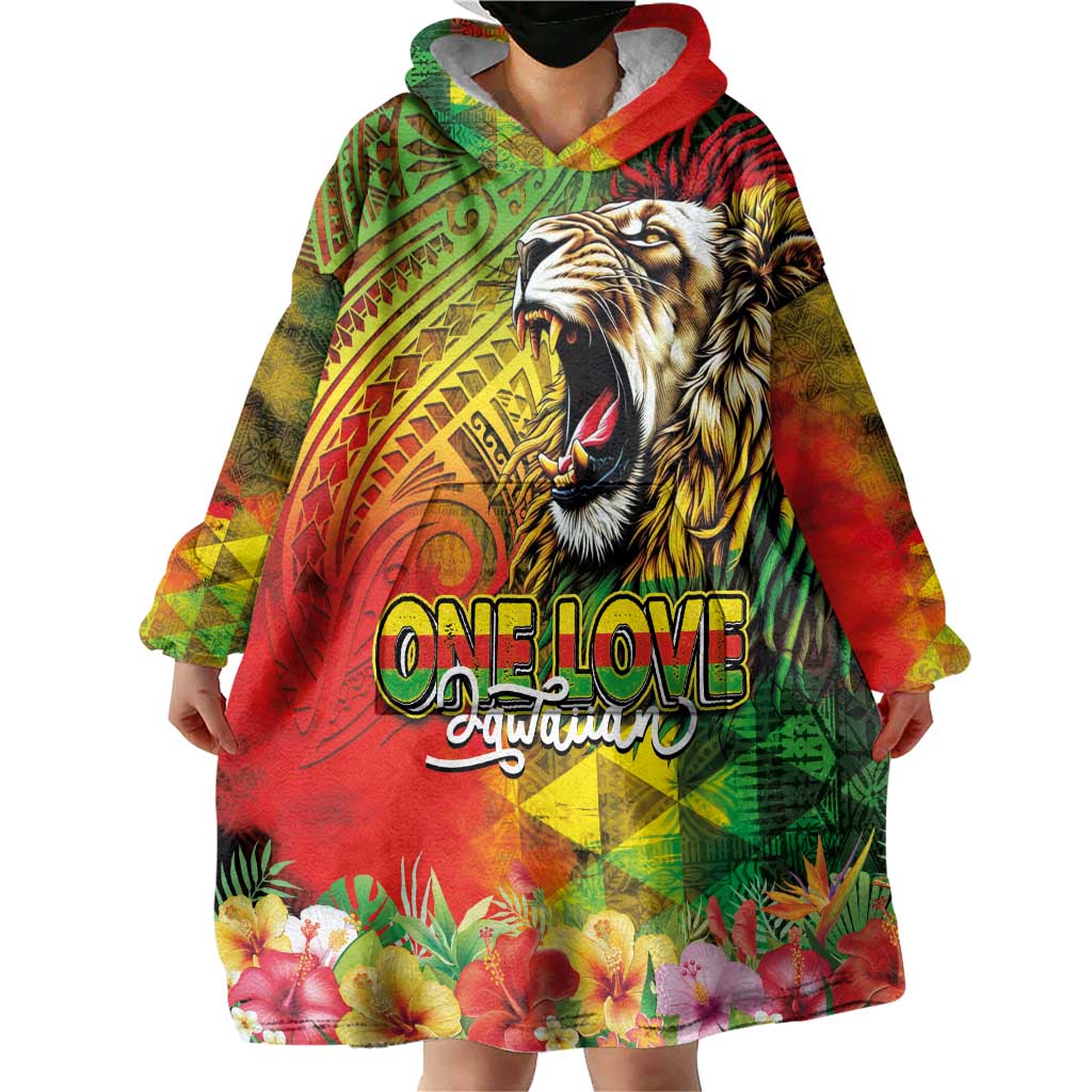 Hawaiian Reggae Wearable Blanket Hoodie Jawaiian One Love-Tribal Tatoos and Rastafari Lion LT03 - Polynesian Pride