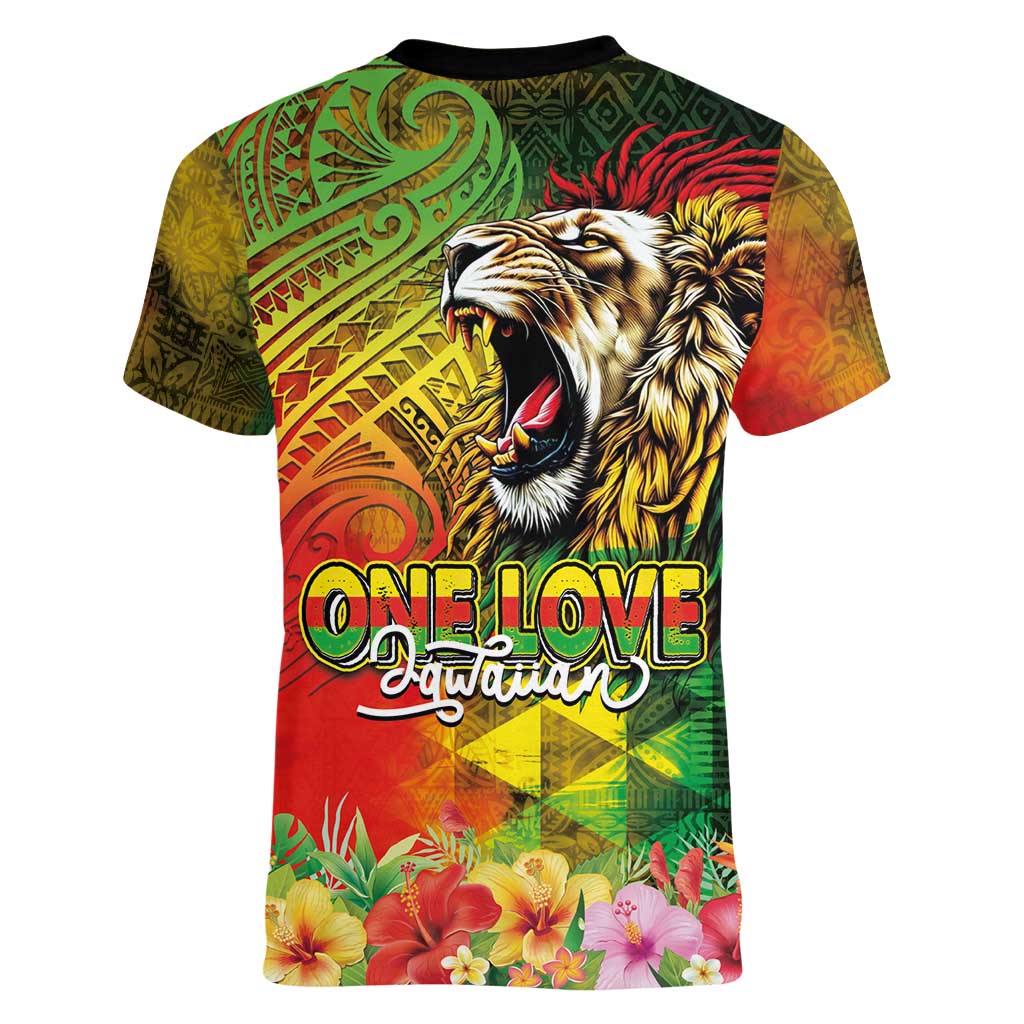 Hawaiian Reggae Women V-Neck T-Shirt Jawaiian One Love-Tribal Tatoos and Rastafari Lion LT03 - Polynesian Pride