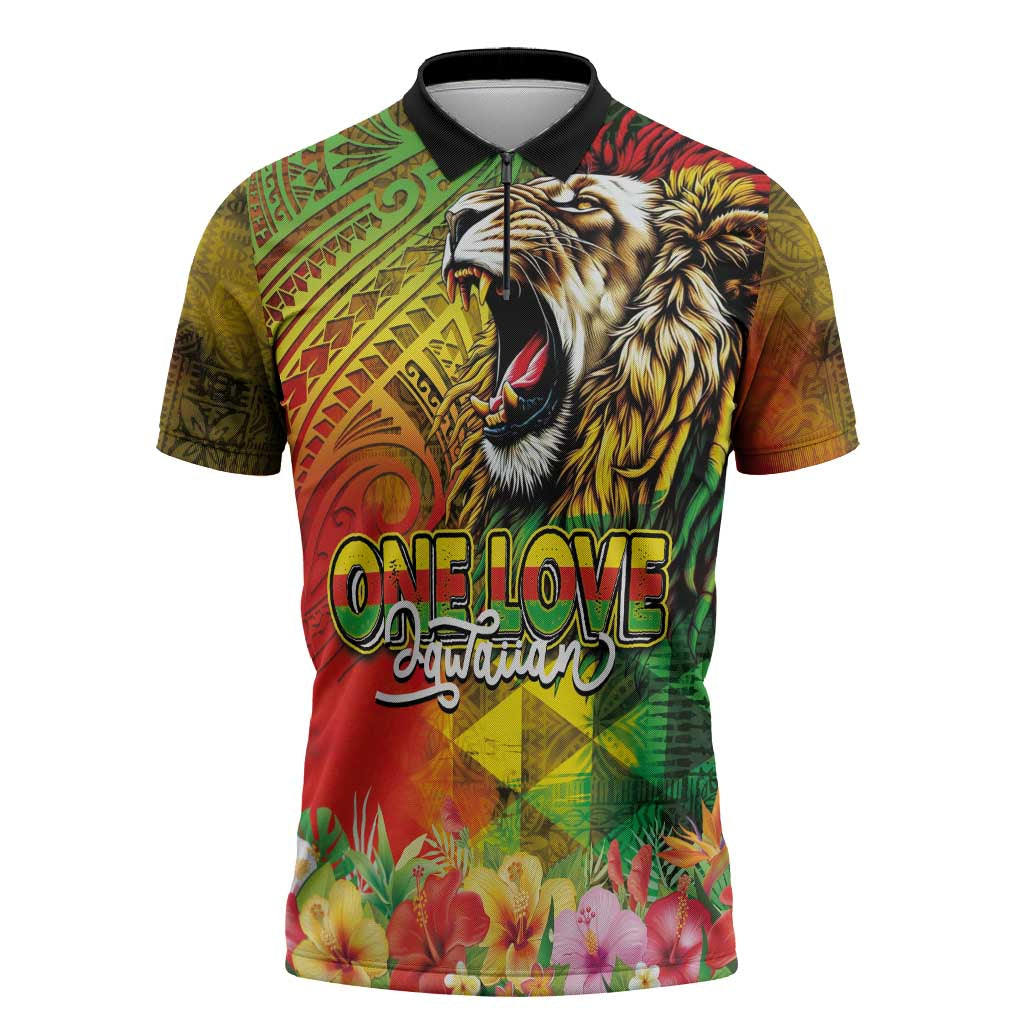 Hawaiian Reggae Zipper Polo Shirt Jawaiian One Love-Tribal Tatoos and Rastafari Lion LT03 Multicolor - Polynesian Pride
