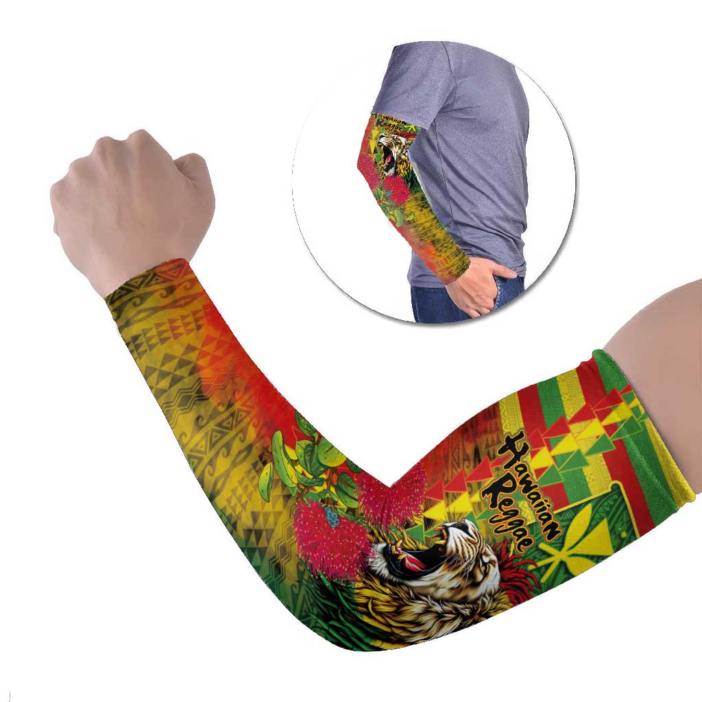 Hawaiian Reggae Arm Sleeves Kakau Art Motifs with Ohia Lehua and Rastafari Lion LT03 Set of 2 Multicolor - Polynesian Pride