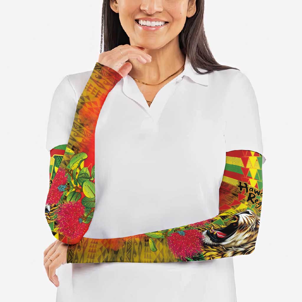 Hawaiian Reggae Arm Sleeves Kakau Art Motifs with Ohia Lehua and Rastafari Lion - Polynesian Pride