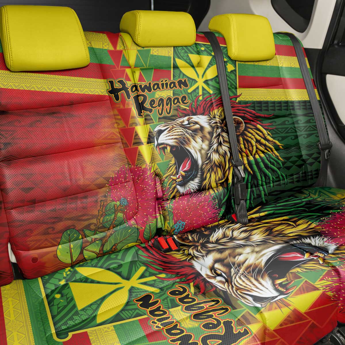 Hawaiian Reggae Back Car Seat Cover Kakau Art Motifs with Ohia Lehua and Rastafari Lion - Polynesian Pride