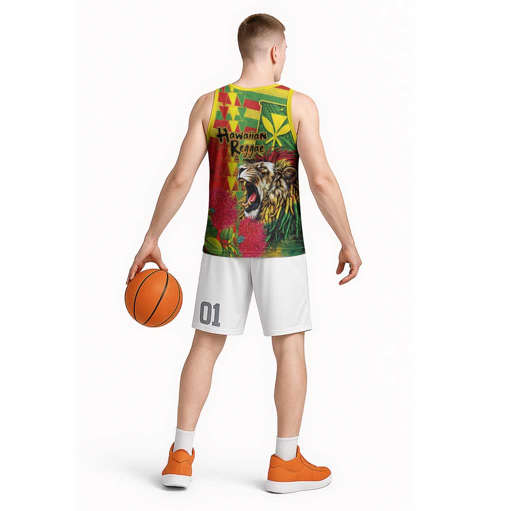 Hawaiian Reggae Basketball Jersey Kakau Art Motifs with Ohia Lehua and Rastafari Lion LT03 - Polynesian Pride