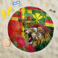 Hawaiian Reggae Beach Blanket Kakau Art Motifs with Ohia Lehua and Rastafari Lion LT03 One Size 150cm Multicolor - Polynesian Pride
