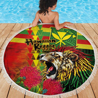 Hawaiian Reggae Beach Blanket Kakau Art Motifs with Ohia Lehua and Rastafari Lion LT03 - Polynesian Pride