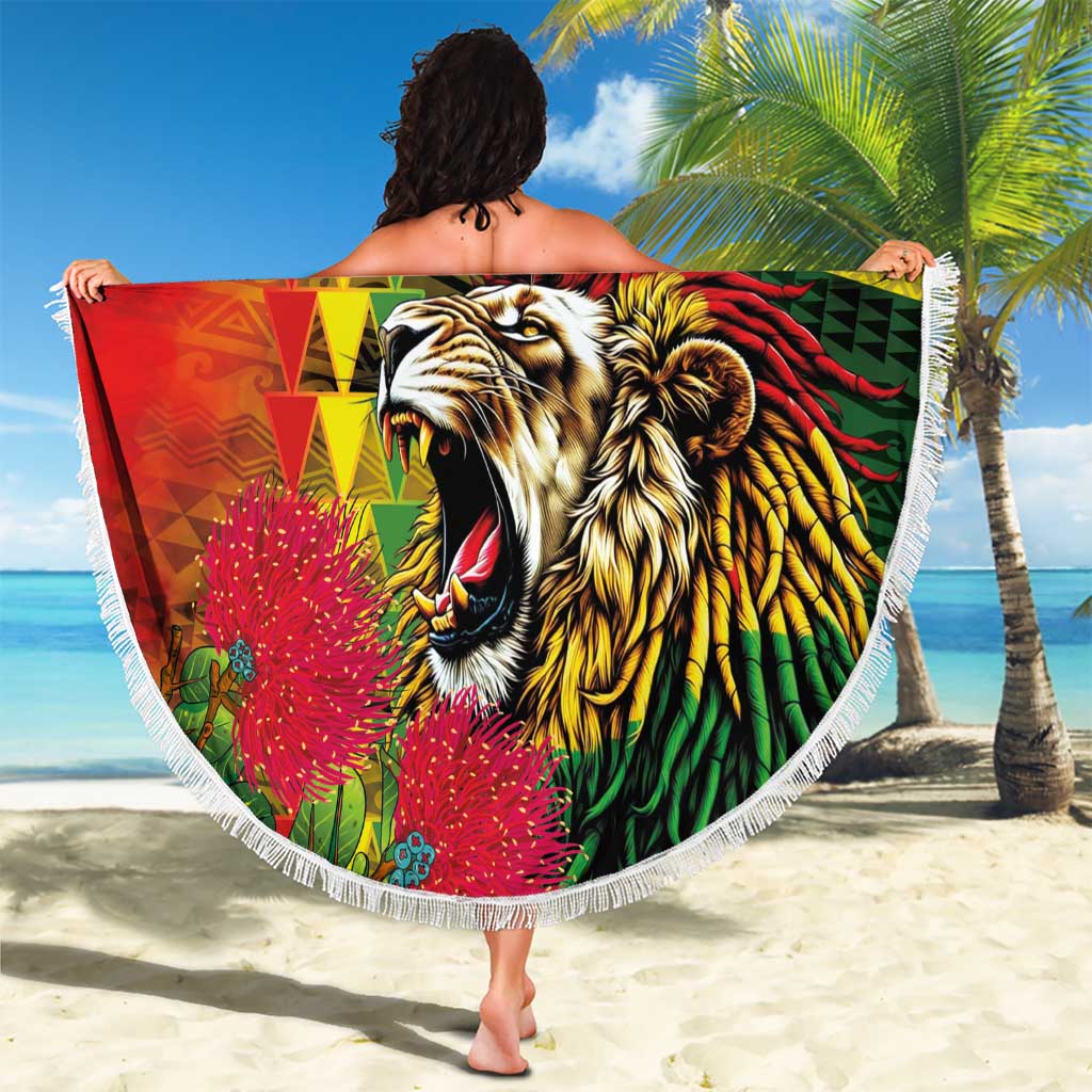 Hawaiian Reggae Beach Blanket Kakau Art Motifs with Ohia Lehua and Rastafari Lion LT03 - Polynesian Pride