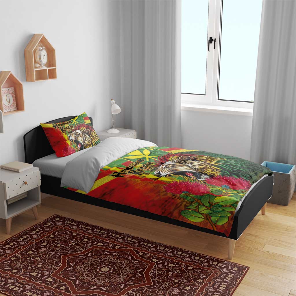 Hawaiian Reggae Bedding Set Kakau Art Motifs with Ohia Lehua and Rastafari Lion LT03 - Polynesian Pride