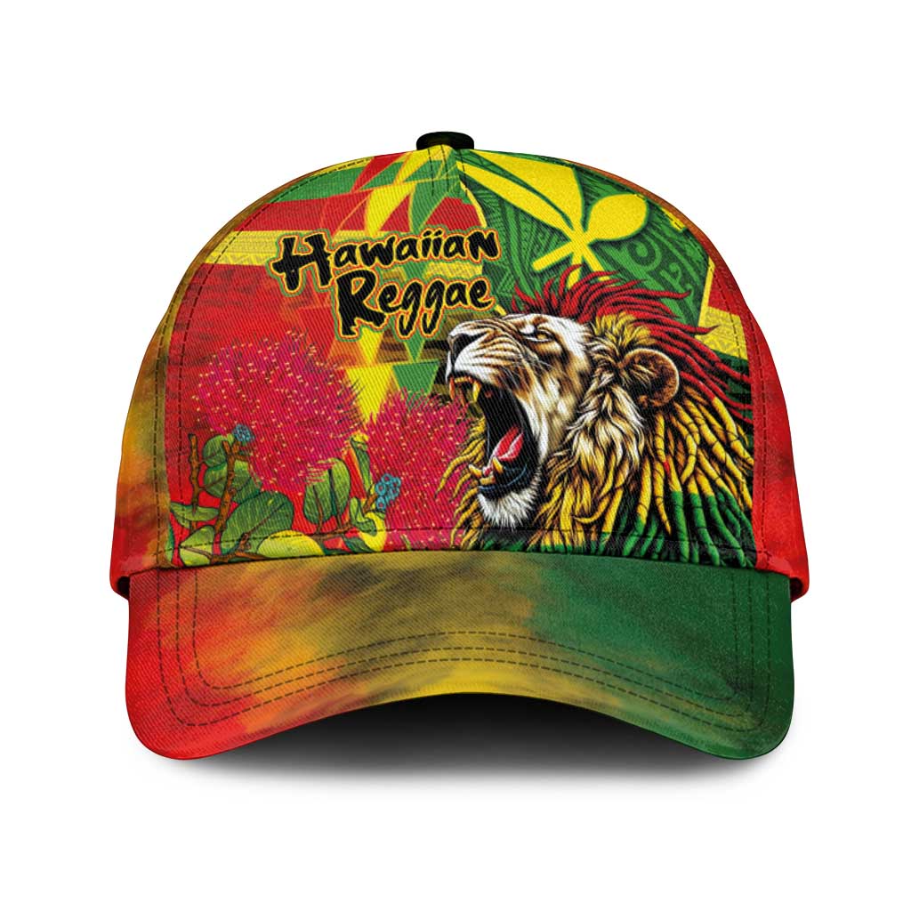 Hawaiian Reggae Classic Cap Kakau Art Motifs with Ohia Lehua and Rastafari Lion - Polynesian Pride