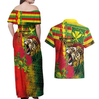 Hawaiian Reggae Couples Matching Off Shoulder Maxi Dress and Hawaiian Shirt Kakau Art Motifs with Ohia Lehua and Rastafari Lion LT03 - Polynesian Pride