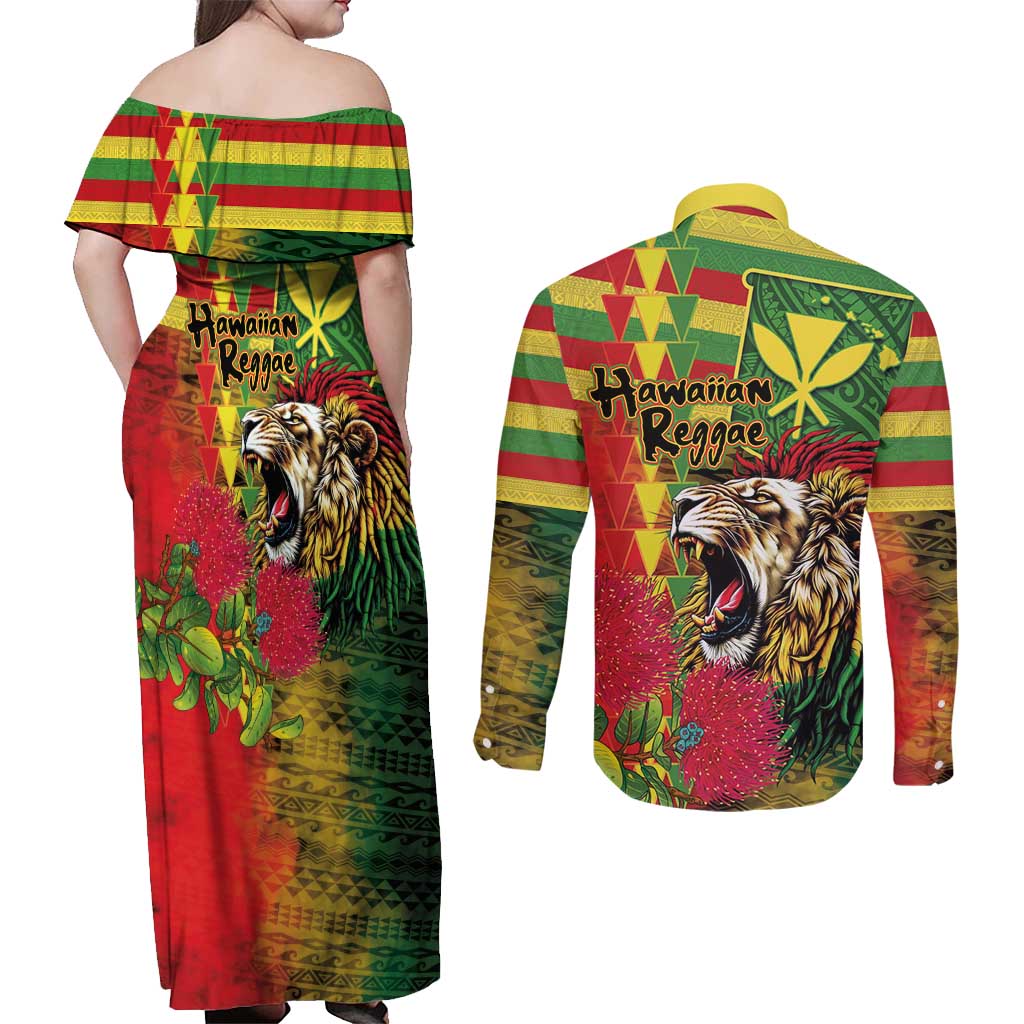 Hawaiian Reggae Couples Matching Off Shoulder Maxi Dress and Long Sleeve Button Shirt Kakau Art Motifs with Ohia Lehua and Rastafari Lion LT03 - Polynesian Pride