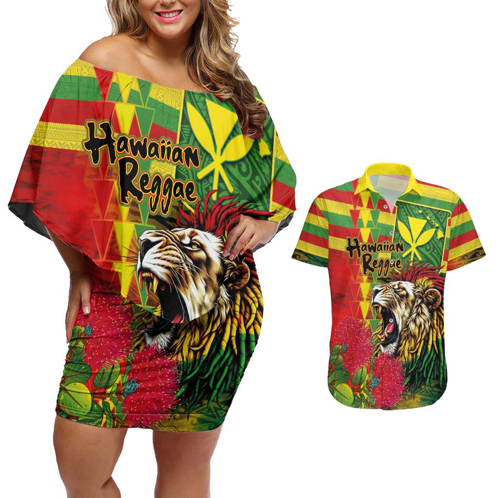 Hawaiian Reggae Couples Matching Off Shoulder Short Dress and Hawaiian Shirt Kakau Art Motifs with Ohia Lehua and Rastafari Lion - Polynesian Pride