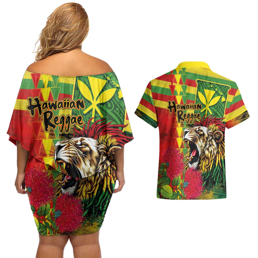 Hawaiian Reggae Couples Matching Off Shoulder Short Dress and Hawaiian Shirt Kakau Art Motifs with Ohia Lehua and Rastafari Lion LT03 - Polynesian Pride