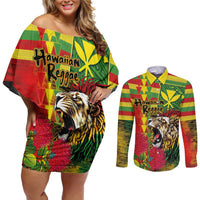 Hawaiian Reggae Couples Matching Off Shoulder Short Dress and Long Sleeve Button Shirt Kakau Art Motifs with Ohia Lehua and Rastafari Lion LT03 Multicolor - Polynesian Pride