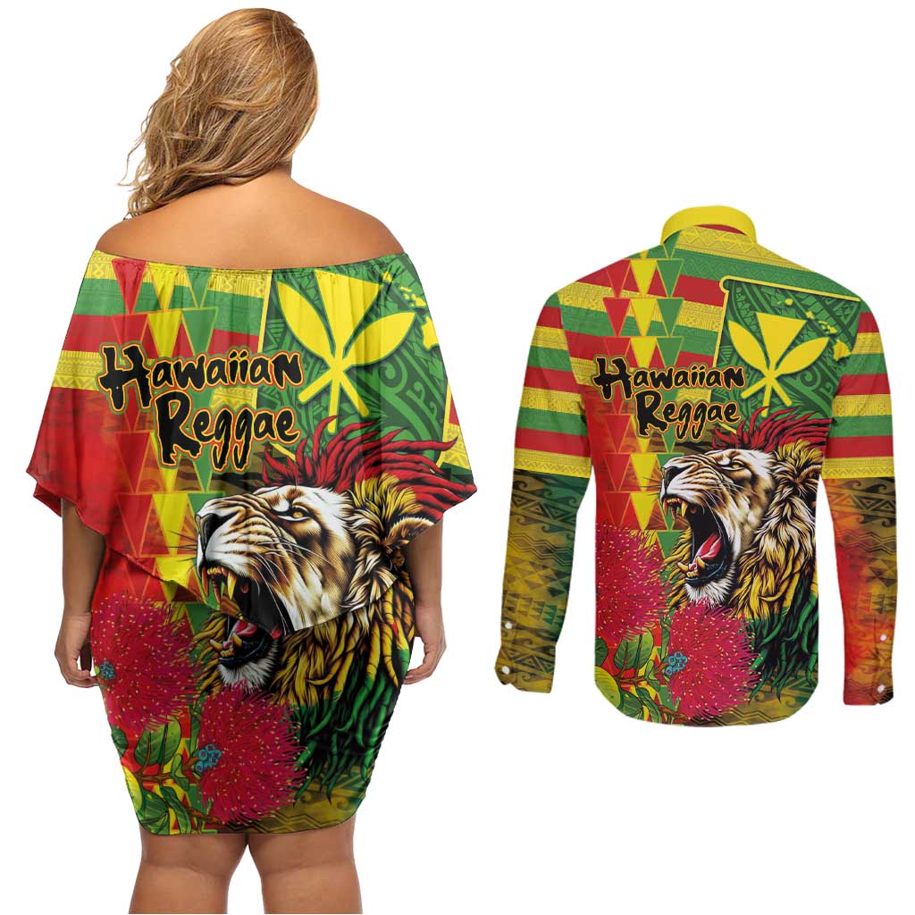 Hawaiian Reggae Couples Matching Off Shoulder Short Dress and Long Sleeve Button Shirt Kakau Art Motifs with Ohia Lehua and Rastafari Lion LT03 - Polynesian Pride