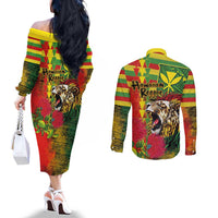 Hawaiian Reggae Couples Matching Off The Shoulder Long Sleeve Dress and Long Sleeve Button Shirt Kakau Art Motifs with Ohia Lehua and Rastafari Lion LT03 - Polynesian Pride