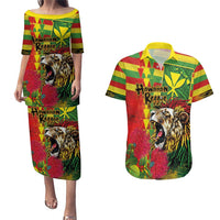 Hawaiian Reggae Couples Matching Puletasi and Hawaiian Shirt Kakau Art Motifs with Ohia Lehua and Rastafari Lion LT03 Multicolor - Polynesian Pride