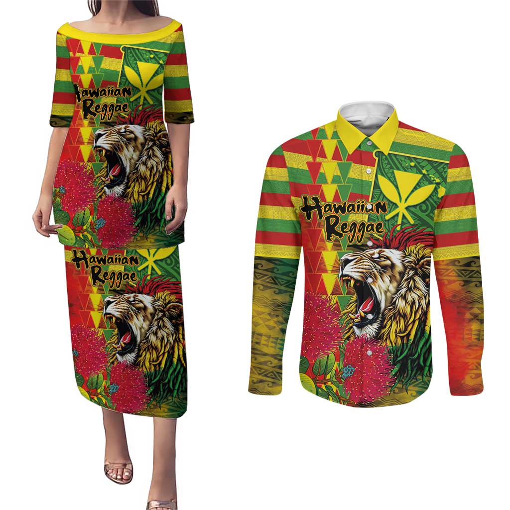 Hawaiian Reggae Couples Matching Puletasi and Long Sleeve Button Shirt Kakau Art Motifs with Ohia Lehua and Rastafari Lion LT03 Multicolor - Polynesian Pride