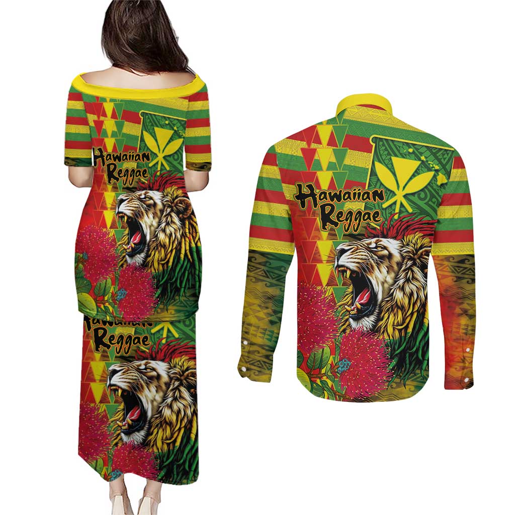 Hawaiian Reggae Couples Matching Puletasi and Long Sleeve Button Shirt Kakau Art Motifs with Ohia Lehua and Rastafari Lion LT03 - Polynesian Pride