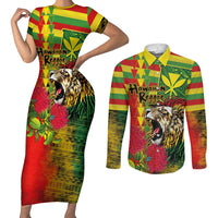 Hawaiian Reggae Couples Matching Short Sleeve Bodycon Dress and Long Sleeve Button Shirt Kakau Art Motifs with Ohia Lehua and Rastafari Lion LT03 Multicolor - Polynesian Pride