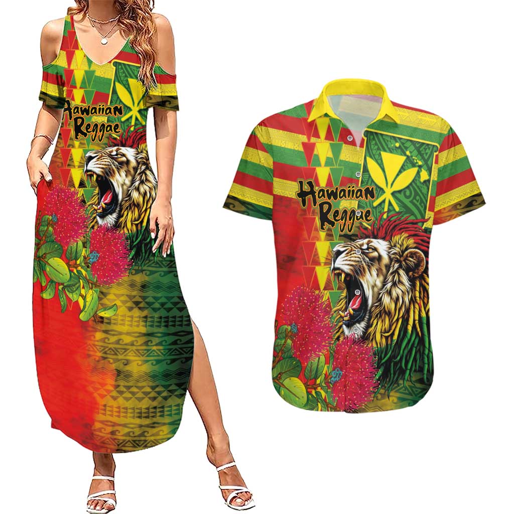 Hawaiian Reggae Couples Matching Summer Maxi Dress and Hawaiian Shirt Kakau Art Motifs with Ohia Lehua and Rastafari Lion LT03 Multicolor - Polynesian Pride