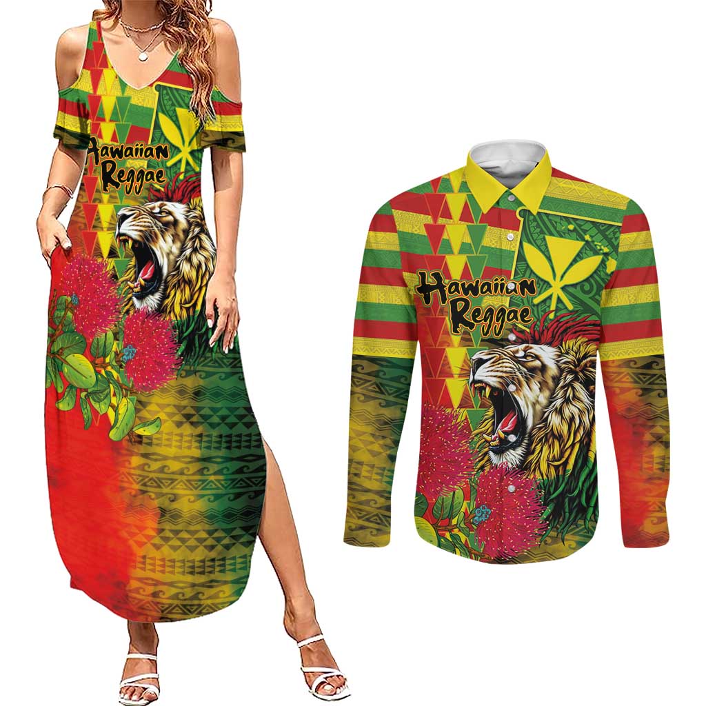 Hawaiian Reggae Couples Matching Summer Maxi Dress and Long Sleeve Button Shirt Kakau Art Motifs with Ohia Lehua and Rastafari Lion LT03 Multicolor - Polynesian Pride