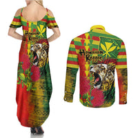 Hawaiian Reggae Couples Matching Summer Maxi Dress and Long Sleeve Button Shirt Kakau Art Motifs with Ohia Lehua and Rastafari Lion LT03 - Polynesian Pride