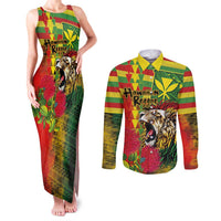 Hawaiian Reggae Couples Matching Tank Maxi Dress and Long Sleeve Button Shirt Kakau Art Motifs with Ohia Lehua and Rastafari Lion LT03 Multicolor - Polynesian Pride