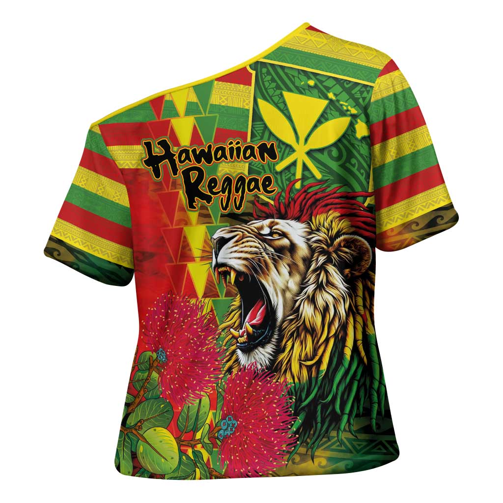 Hawaiian Reggae Cross Shoulder Shirt Kakau Art Motifs with Ohia Lehua and Rastafari Lion - Polynesian Pride