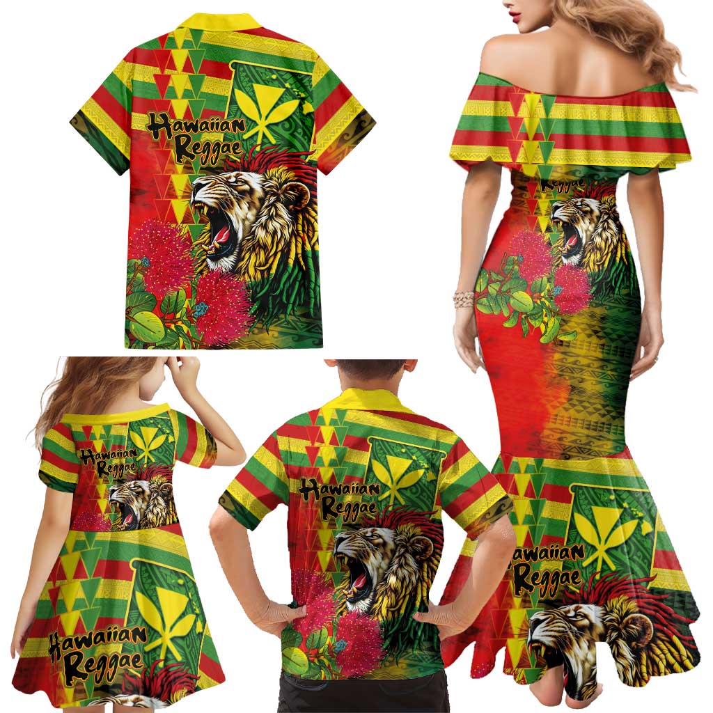 Hawaiian Reggae Family Matching Mermaid Dress and Hawaiian Shirt Kakau Art Motifs with Ohia Lehua and Rastafari Lion LT03 - Polynesian Pride