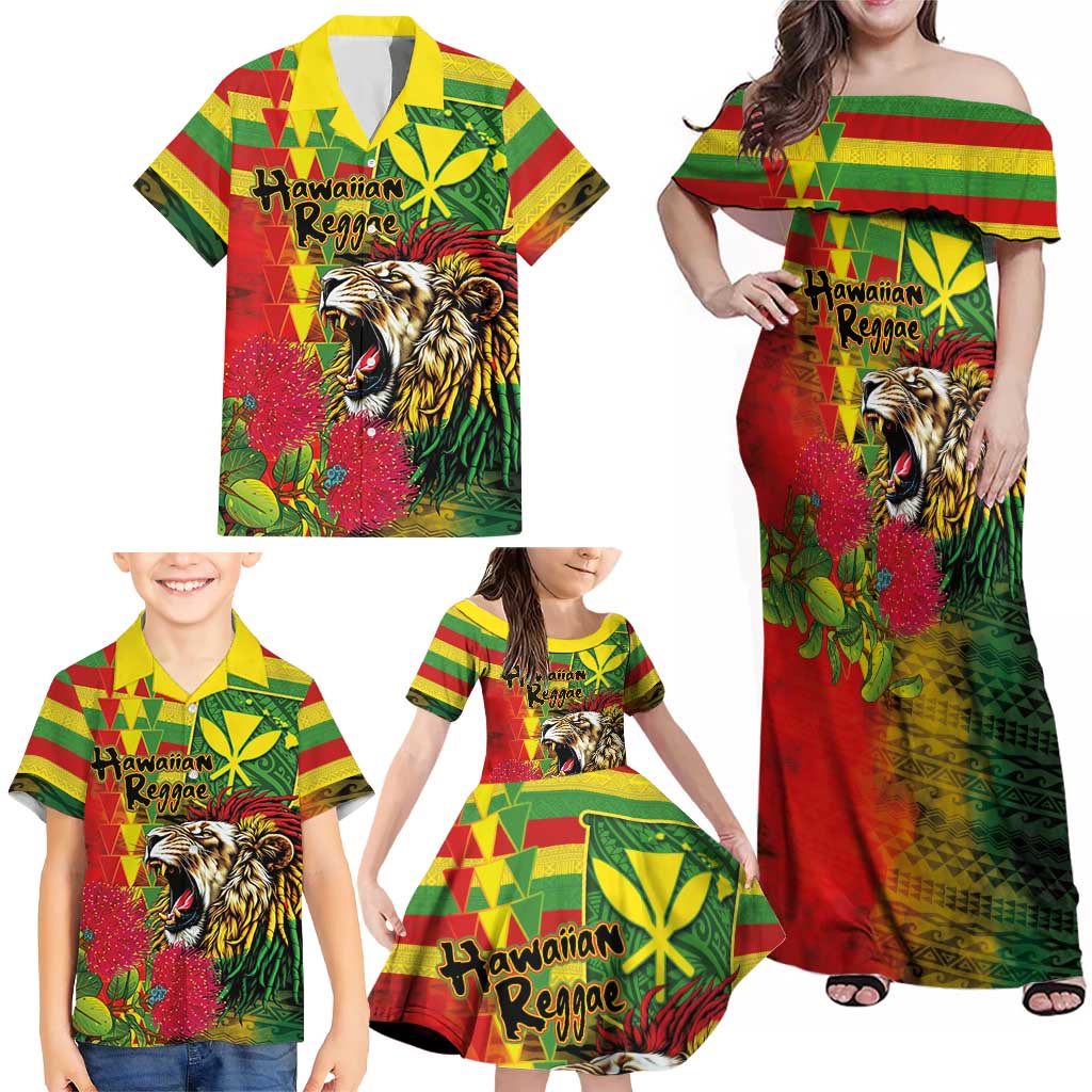 Hawaiian Reggae Family Matching Off Shoulder Maxi Dress and Hawaiian Shirt Kakau Art Motifs with Ohia Lehua and Rastafari Lion LT03 - Polynesian Pride