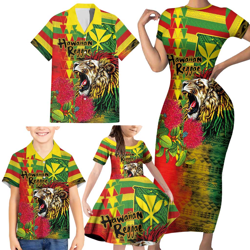 Hawaiian Reggae Family Matching Short Sleeve Bodycon Dress and Hawaiian Shirt Kakau Art Motifs with Ohia Lehua and Rastafari Lion LT03 - Polynesian Pride