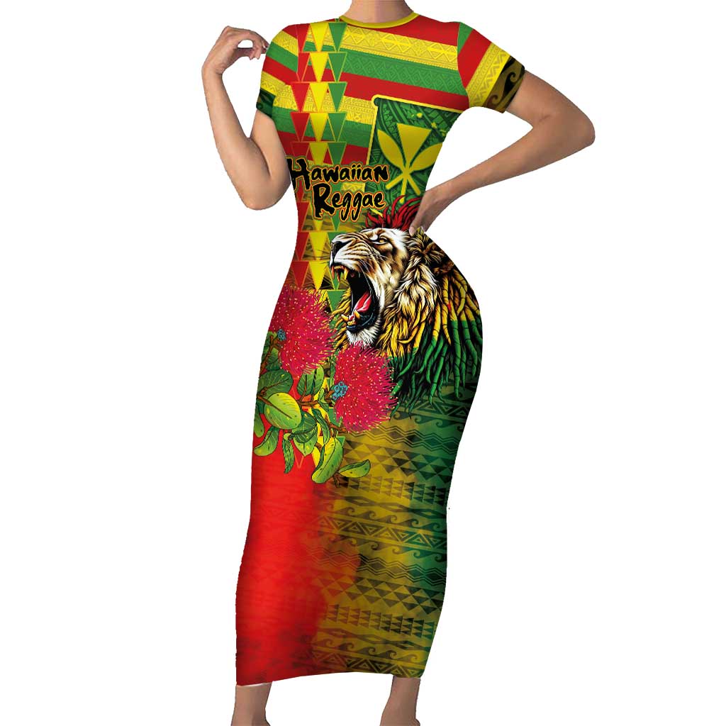 Hawaiian Reggae Family Matching Short Sleeve Bodycon Dress and Hawaiian Shirt Kakau Art Motifs with Ohia Lehua and Rastafari Lion LT03 Mom's Dress Multicolor - Polynesian Pride